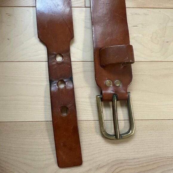 Vintage Handmade Leather Belt – Thick Sturdy Brown Leather, Brass Buckle - Picture 6 of 8